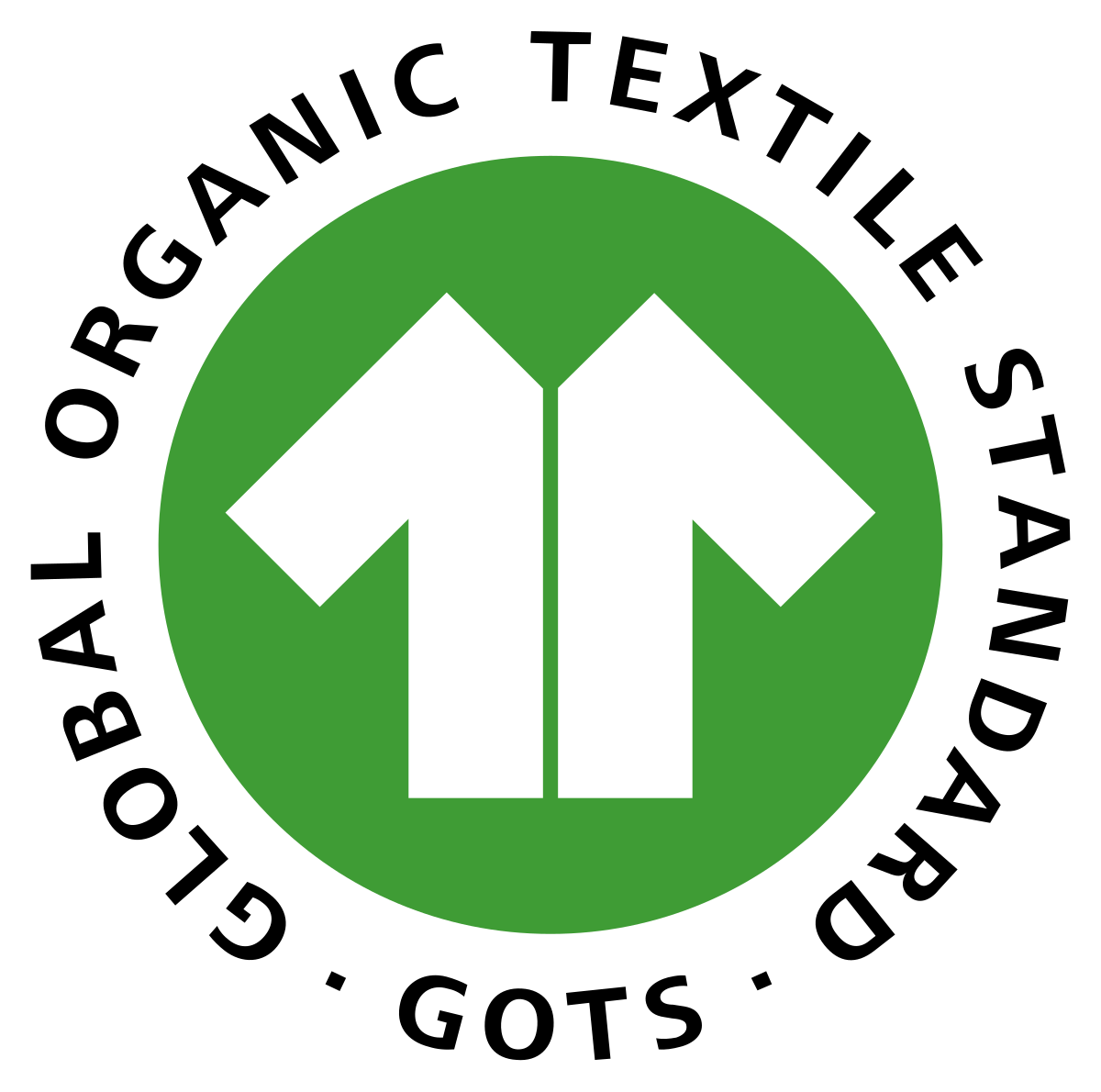 GOTS (Global Organic Textile Standard) logo with green circle and white arrows.